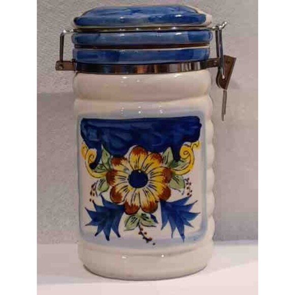 Vintage German  Ceramic Coffee Canister  Hand made hand painted Blue and yellow - Picture 1 of 11